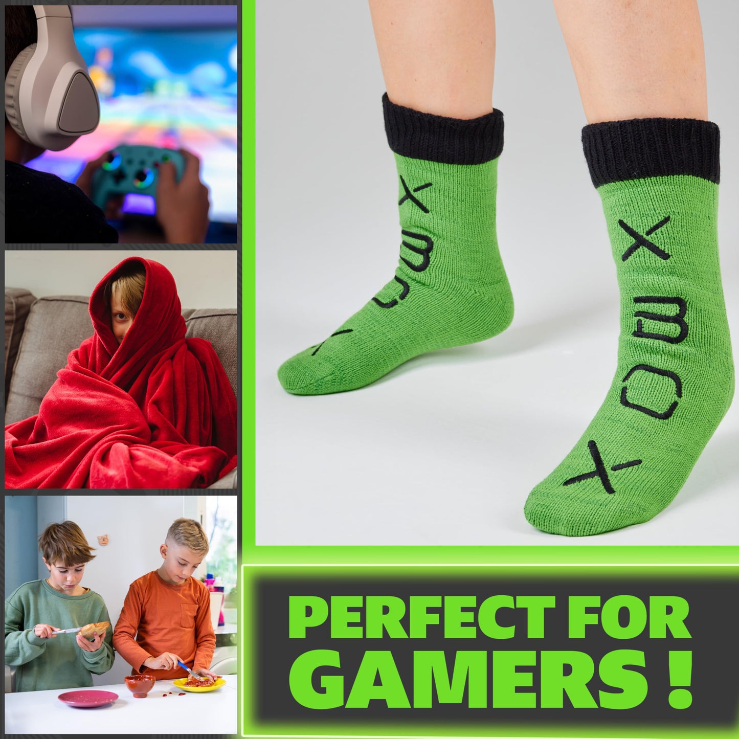 Xbox boys and teens slipper socks with fleece lining, fluffy, warm loungewear with non-slip pads, perfect for gaming and cozy relaxation.