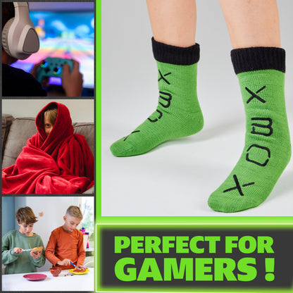 Xbox boys and teens slipper socks with fleece lining, fluffy, warm loungewear with non-slip pads, perfect for gaming and cozy relaxation.