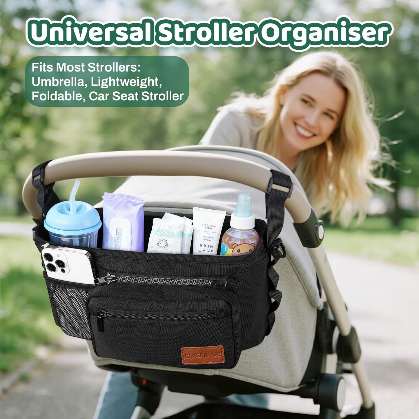 Guiseapue pram organiser bag with cup holder, large capacity baby diaper bag with non-slip strap, suitable for newborn essentials.