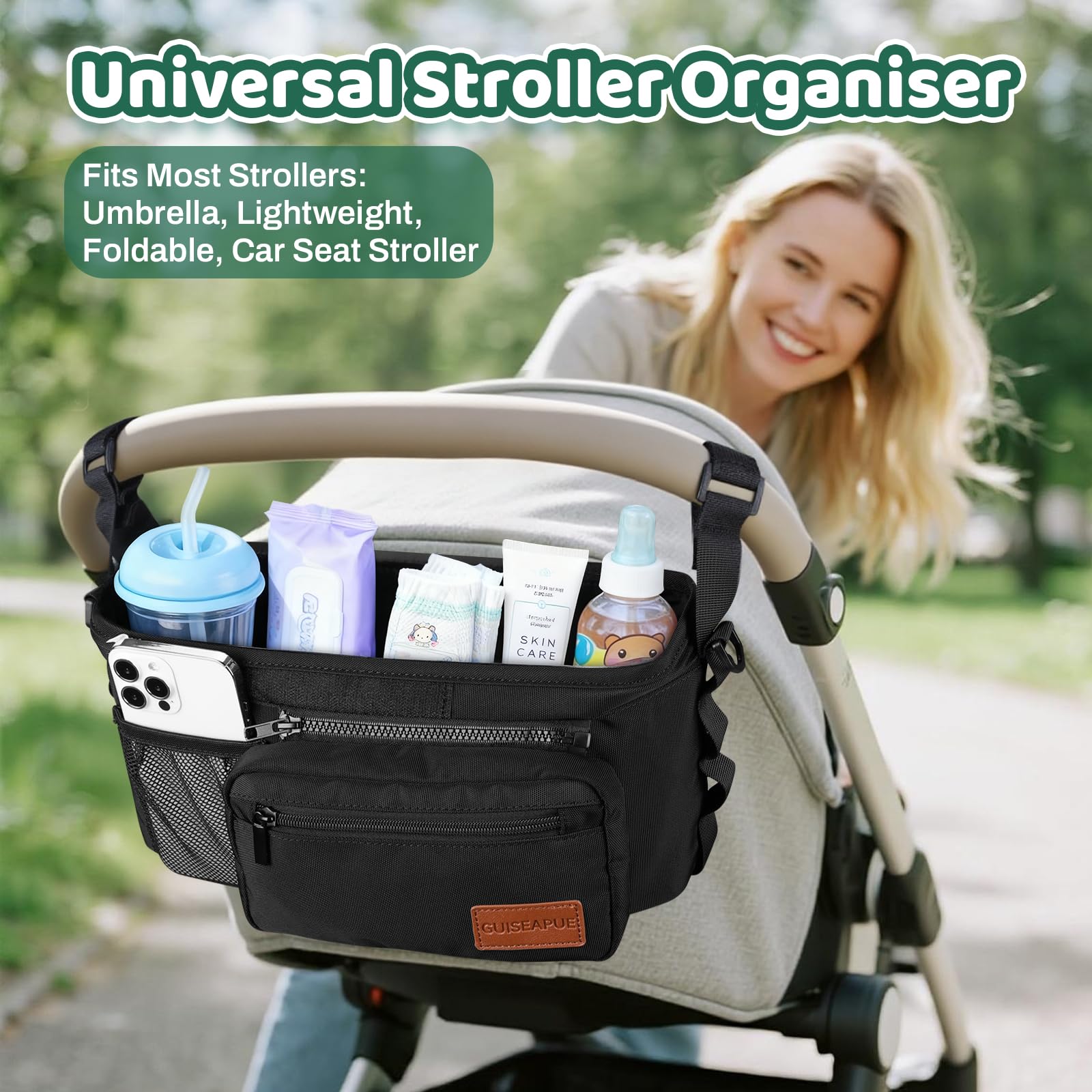 Guiseapue pram organiser bag with cup holder, large capacity baby diaper bag with non-slip strap, suitable for newborn essentials.