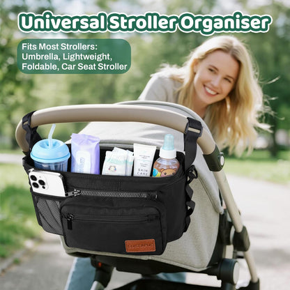 Guiseapue pram organiser bag with cup holder, large capacity baby diaper bag with non-slip strap, suitable for newborn essentials.