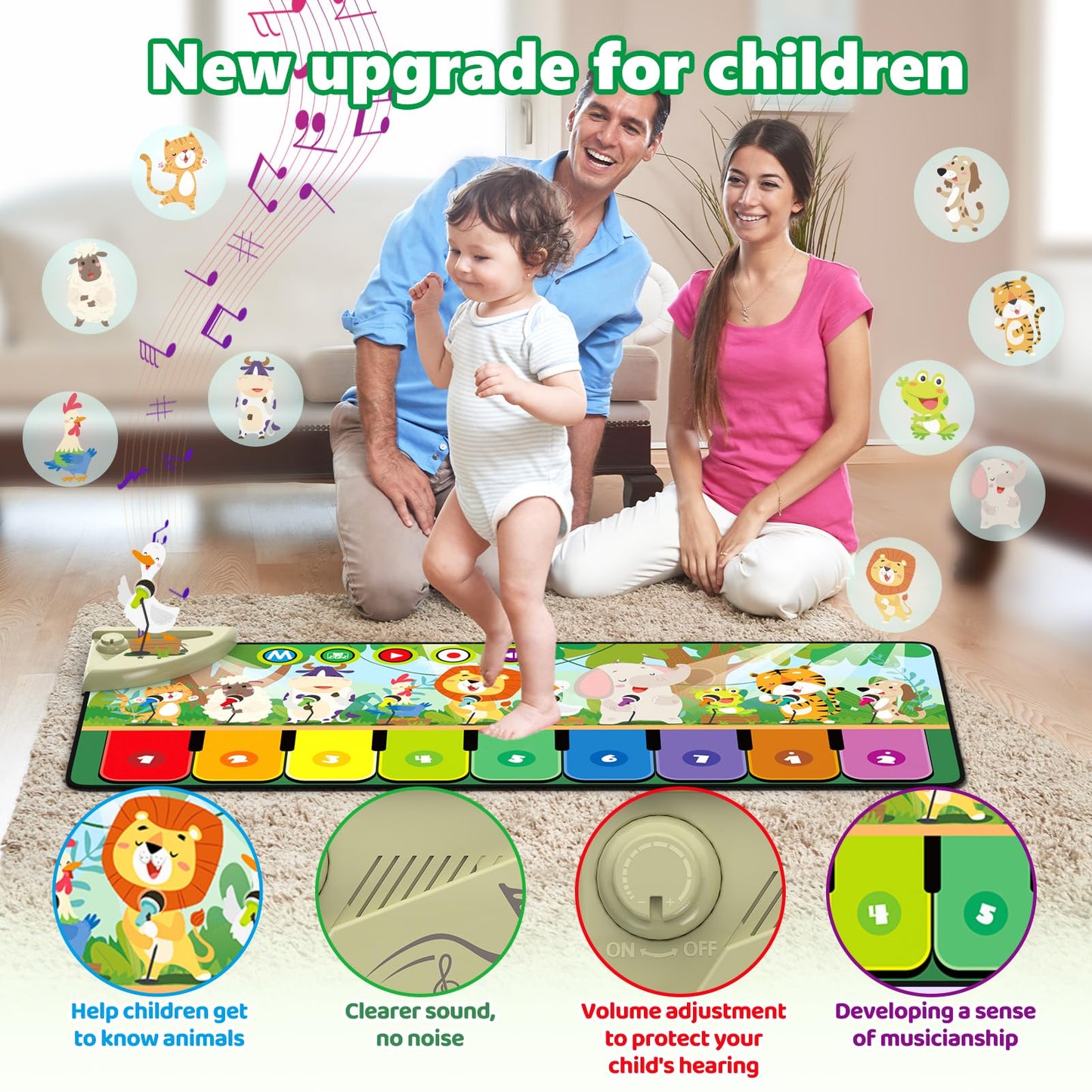 Rodzon Toys for 1-4 Year Old Boys Girls, Musical Play Mat with 9 Piano Keyboard, Piano Dance Mat Built in 19 Sounds & Recording Function for Toddlers Infant Kids Birthday Gifts Present Early Education
