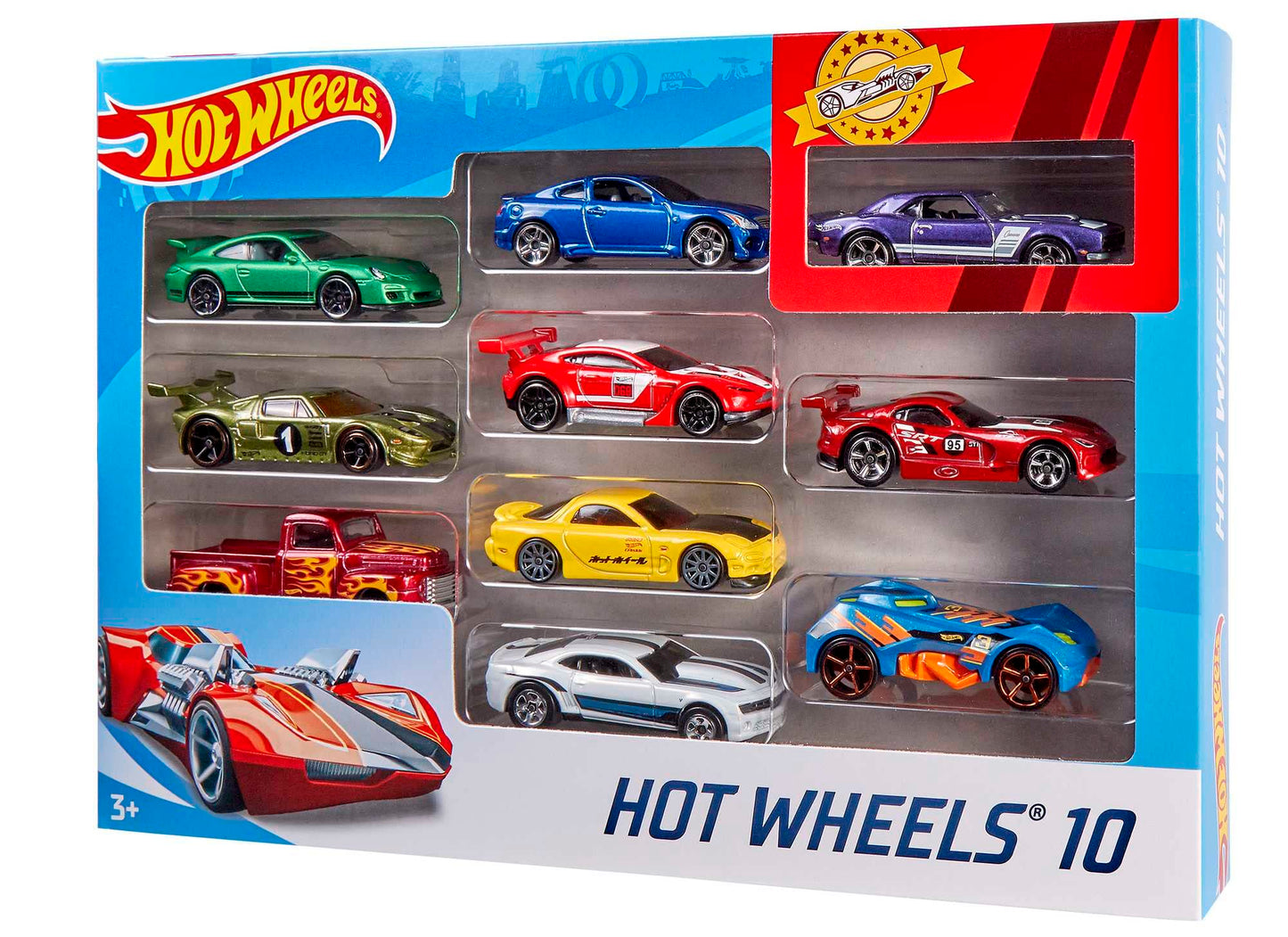 Assorted Hot Wheels toy cars and trucks in 1:64 scale, featuring various styles like race cars and firetrucks.