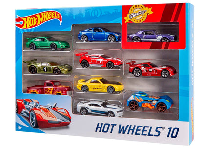 Assorted Hot Wheels toy cars and trucks in 1:64 scale, featuring various styles like race cars and firetrucks.