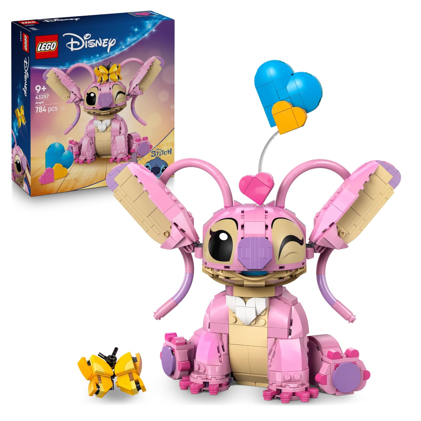 LEGO Disney Angel building toy figure with three heart balloons and a butterfly, perfect for display and play.