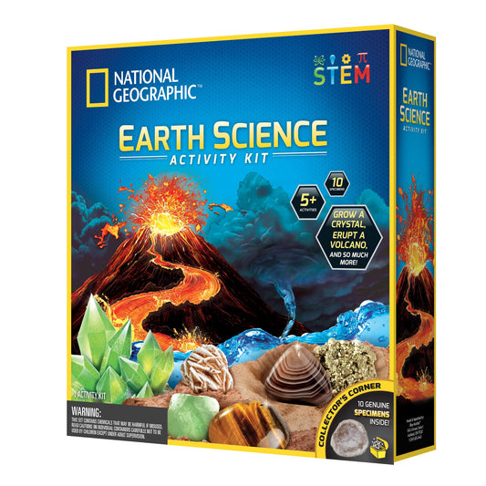 National Geographic Earth Science Experiment Kit showing rocks, gemstones, and science tools for kids' educational STEM activities.