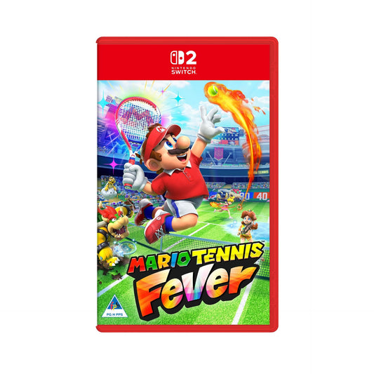 Nintendo Mario Tennis Fever game cover featuring Mario holding a tennis racket on a colorful court.