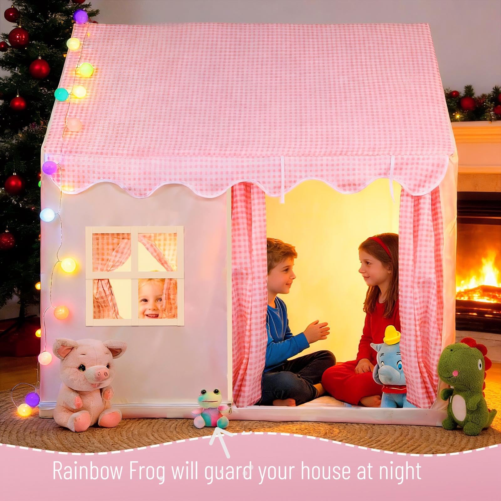 Pink kids play tent by Rainbow Frog with colorful ball lights and a rainbow frog toy, perfect for indoor and outdoor play for girls.