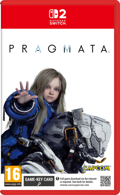 Capcom Pragmata game for Nintendo Switch 2, featuring futuristic artwork and branding on the game cartridge or packaging.