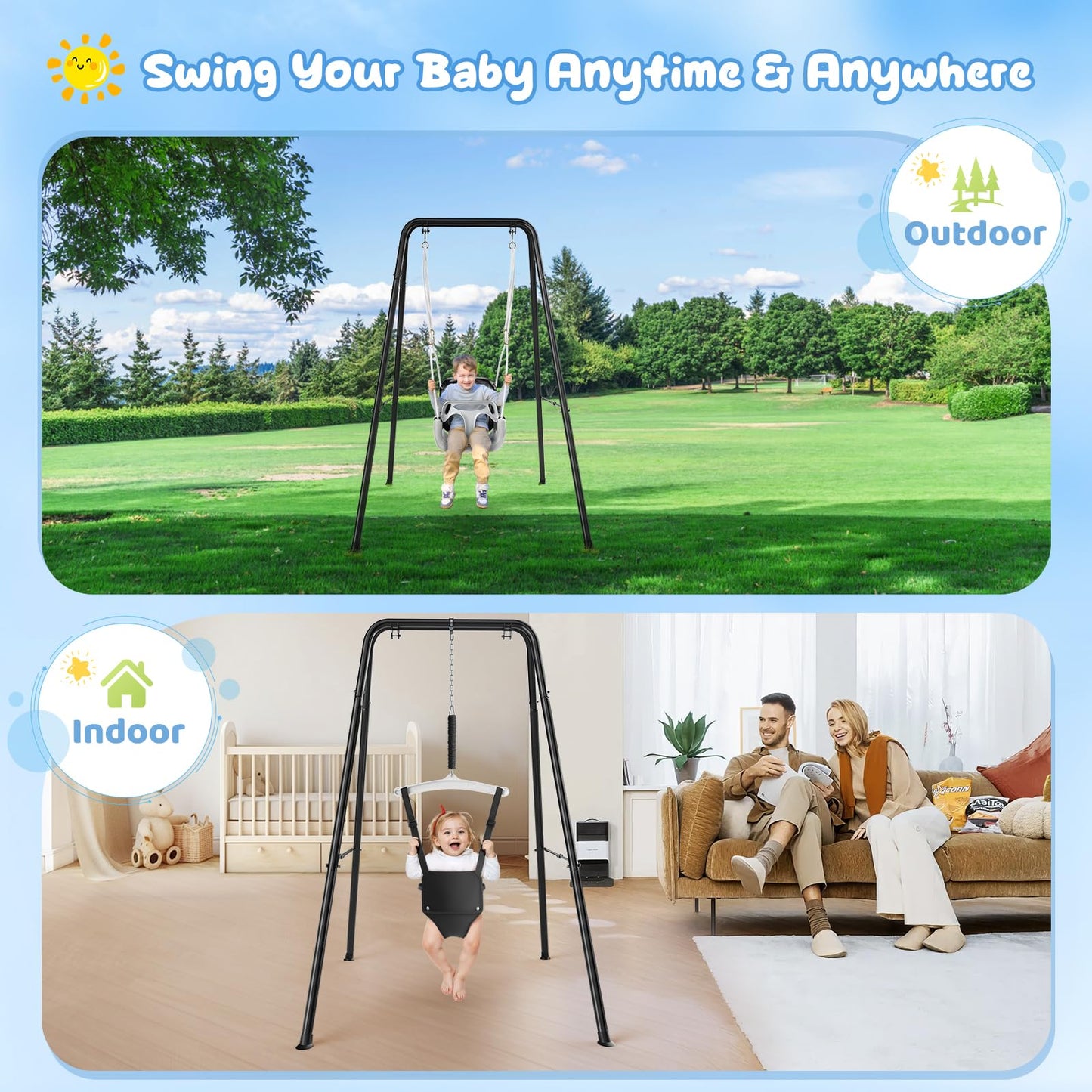 4 in 1 Toddler Swing Set, Kids Swing with Folding Metal Frame Stand, Safety Belt, for Baby In & Outdoor, Garden Playground Set, Swing Sets for backyard (Black)