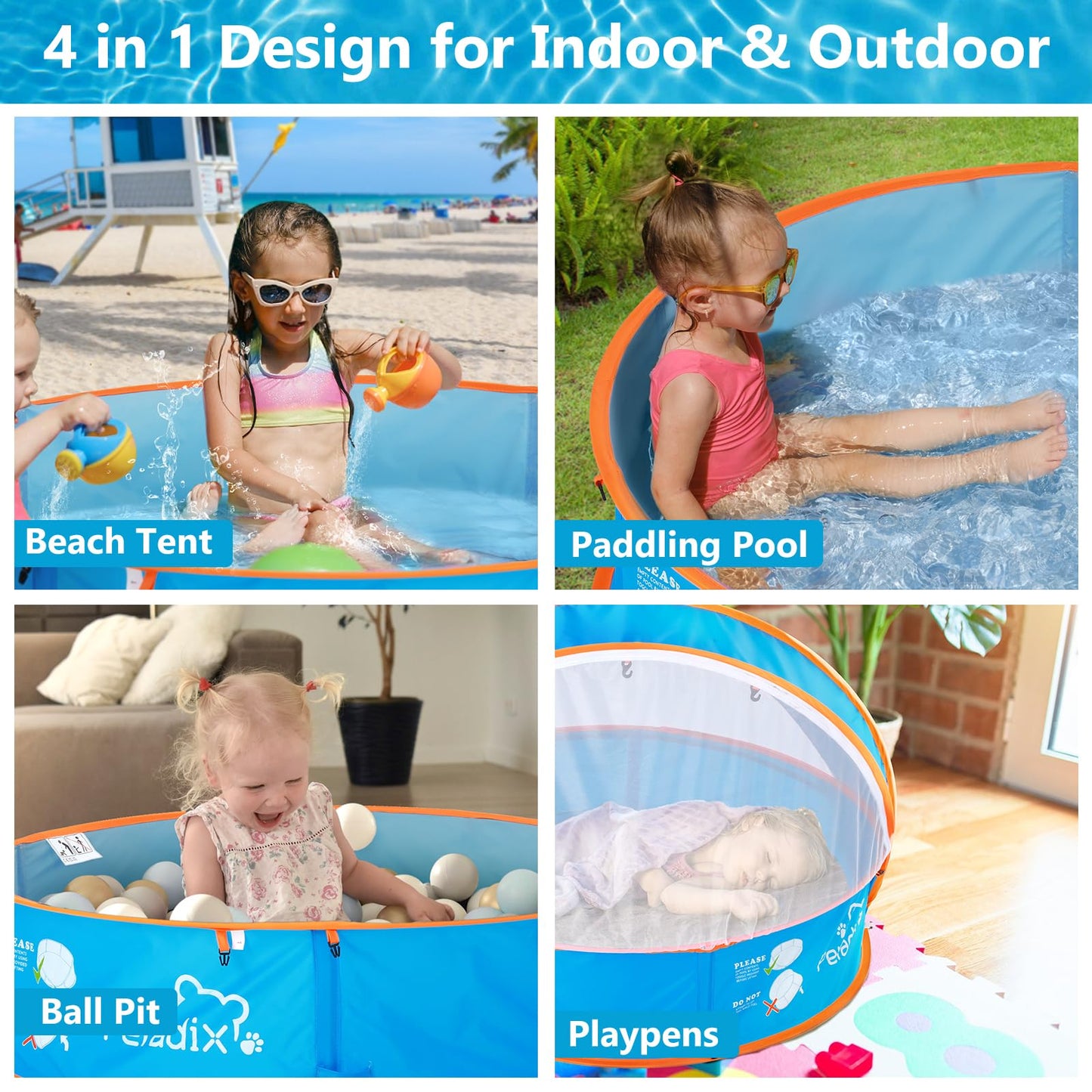 Peradix Splash Pool, 4-in-1 Baby Beach Tent with UV Sun Shelter Canopy & Mosquito Net, Portable Pop-Up Infant Ball Pit Tent, Toddler Wading Pool for Kids & Pets