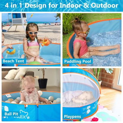 Peradix Splash Pool, 4-in-1 Baby Beach Tent with UV Sun Shelter Canopy & Mosquito Net, Portable Pop-Up Infant Ball Pit Tent, Toddler Wading Pool for Kids & Pets