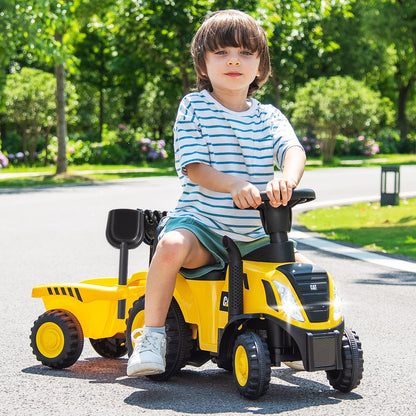 COSTWAY kids ride-on tractor with LED lights, horn, detachable trailer, rake, shovel, and foot-to-floor design for toddlers.