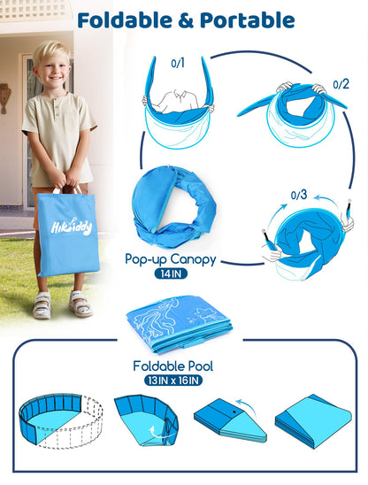 Hikiddy Paddling Pool with Shaded: 47in Pop-Up Splash Pool with Shade for Summer Beach Garden (Blue, 47in)