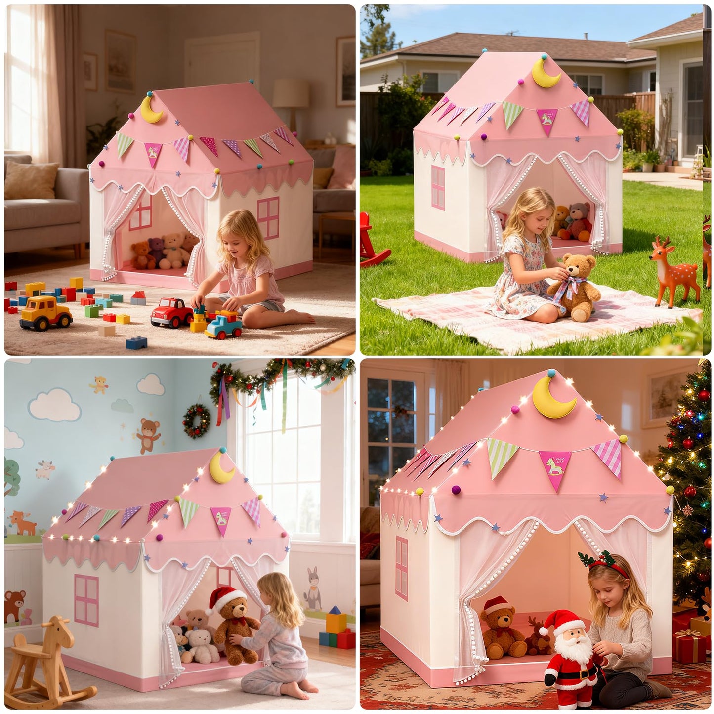 Kids Tent - 2 In 1 Kids Play Tent Children's Playhouse Indoor with Star Lights,Large Play Tent for House Outdoor Playground Children's Birthday Present