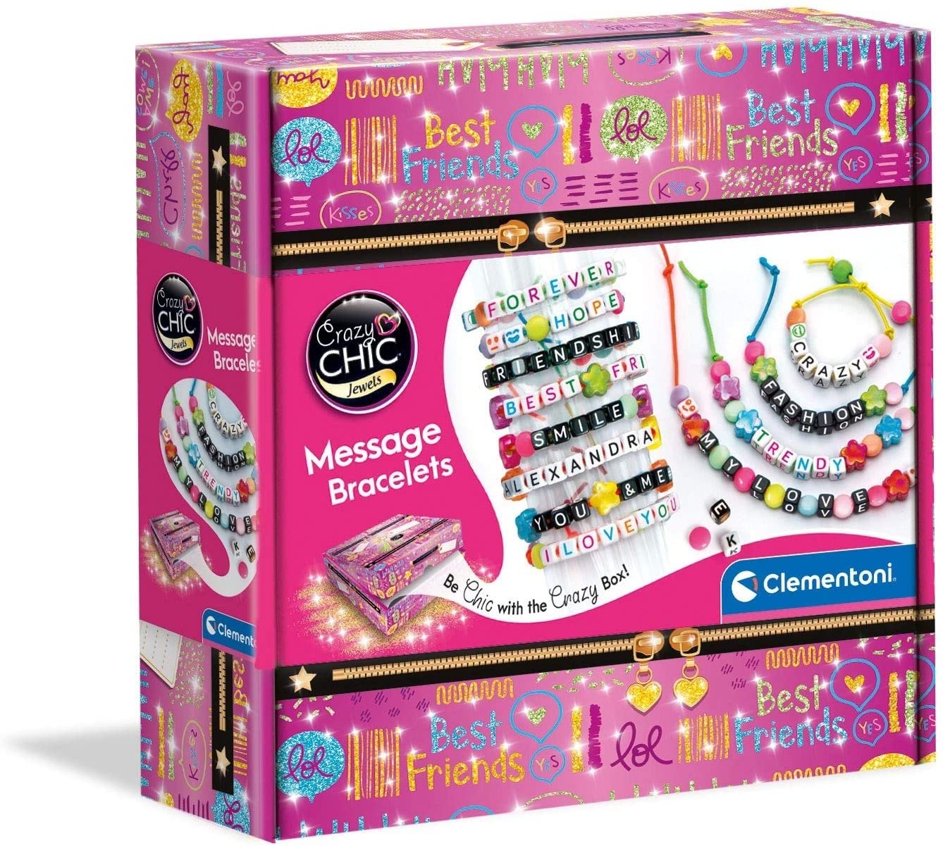 Clementoni Crazy Chic message bracelets kit showing colorful beads and letter charms for creating personalized jewelry for kids.