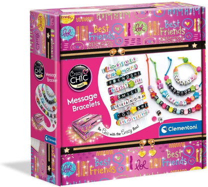 Clementoni Crazy Chic message bracelets kit showing colorful beads and letter charms for creating personalized jewelry for kids.