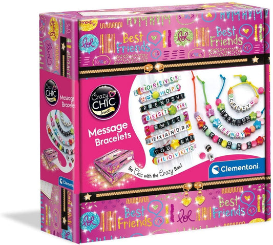 Clementoni Crazy Chic message bracelets kit showing colorful beads and letter charms for creating personalized jewelry for kids.