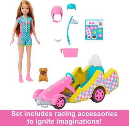 Barbie Stacie doll with go-kart, dog, accessories, and sticker sheet from the 9-piece toy set, HRM08, featuring rolling wheels.