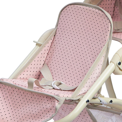 Olivia's Little World Double Jogging-Style Pram for Baby Dolls with Tandem Seating for Dolls and Stuffed Animals with a Retractable Canopy, Storage Basket, All-Terrain Wheels, Cream and Pink with Grey