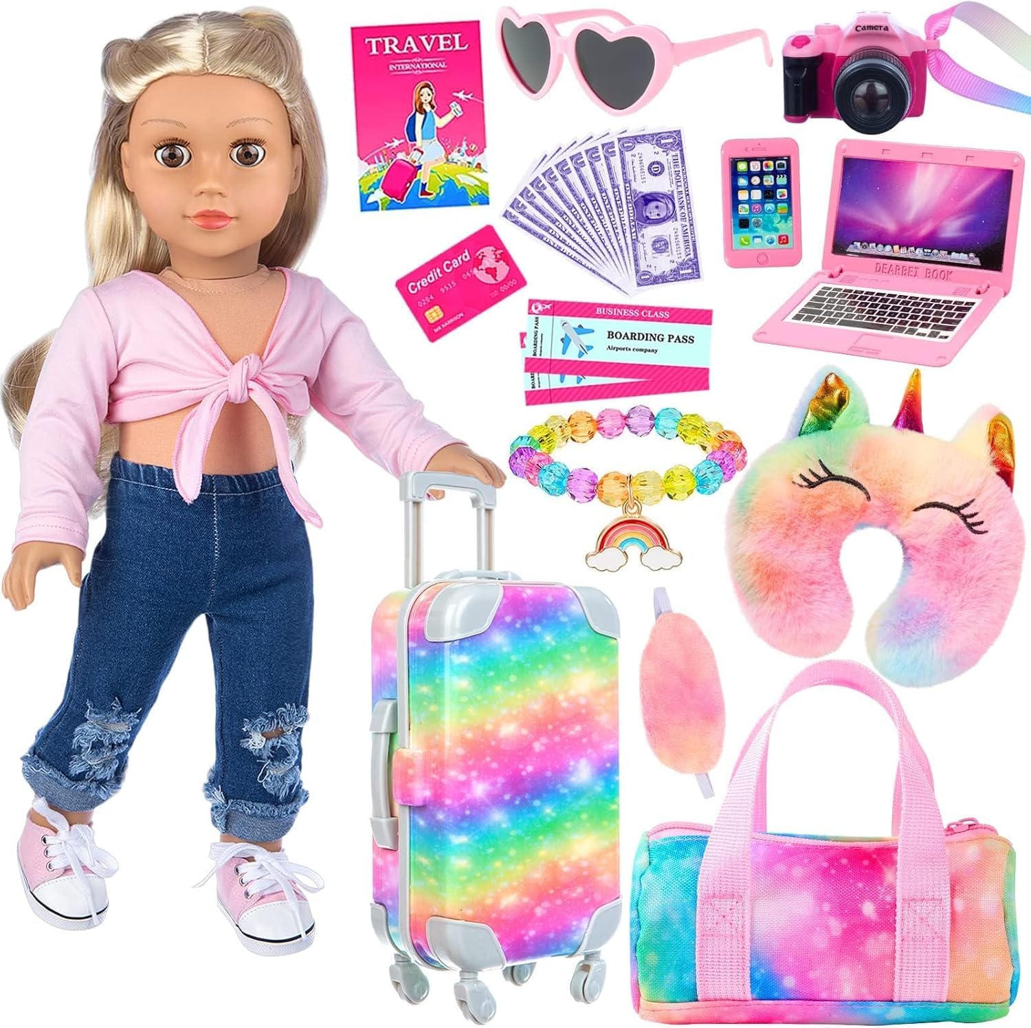 ZITA ELEMENT 23 PC doll accessory set including suitcase, camera, laptop, and travel essentials in rainbow colors.