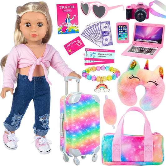ZITA ELEMENT 23 PC doll accessory set including suitcase, camera, laptop, and travel essentials in rainbow colors.