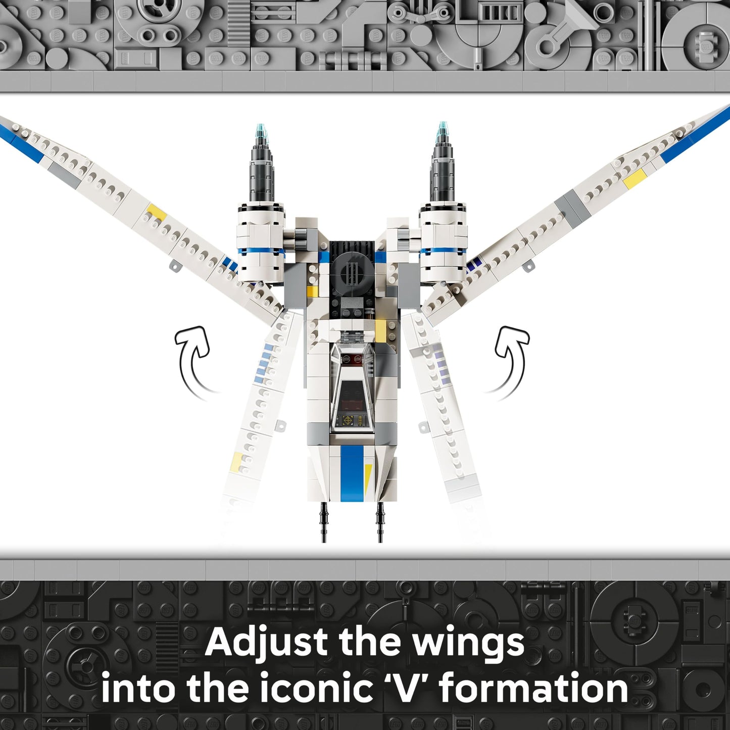 LEGO Star Wars 75399 Rebel U-Wing Starfighter with swing-wing feature and minifigures including Cassian Andor and K-2SO.