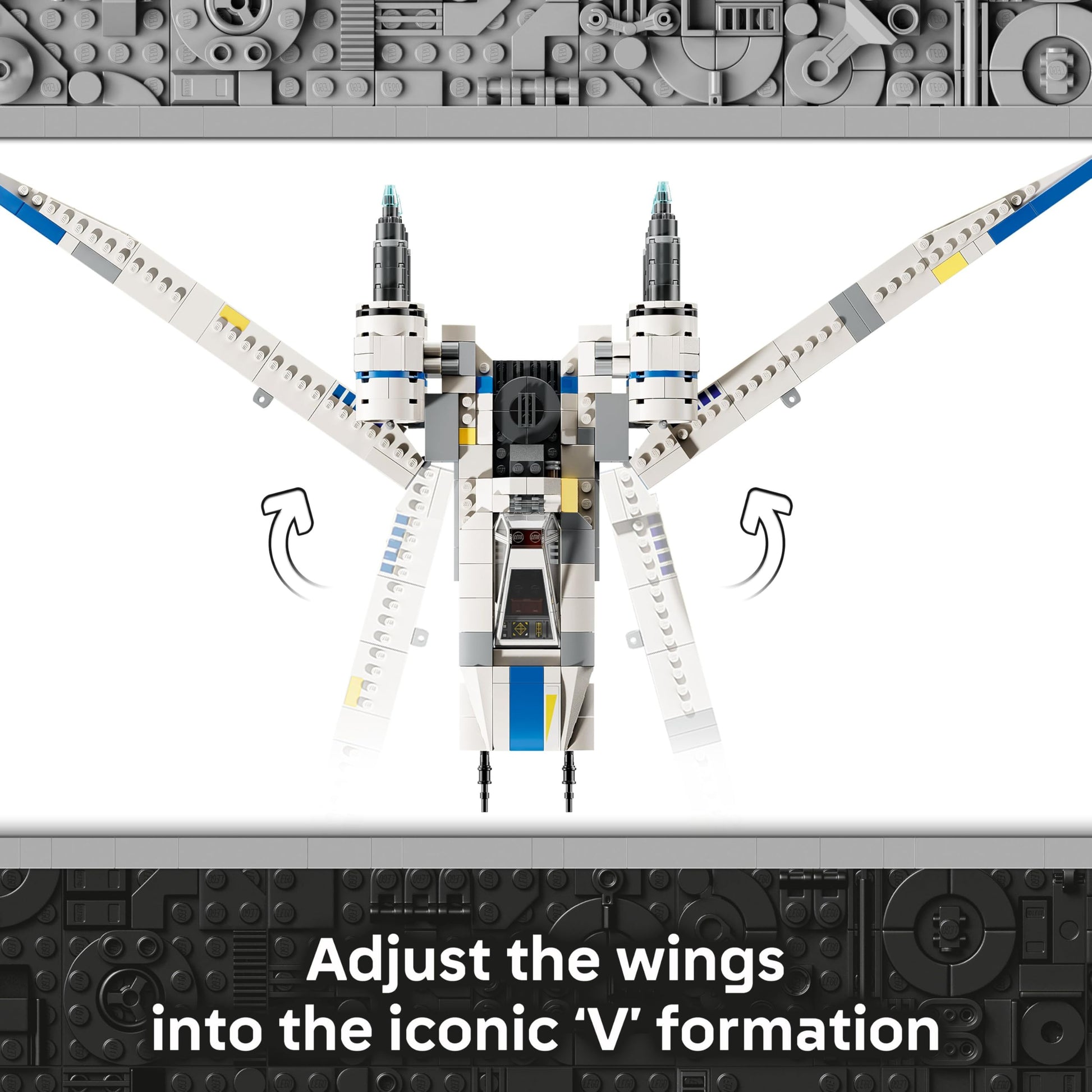 LEGO Star Wars 75399 Rebel U-Wing Starfighter with swing-wing feature and minifigures including Cassian Andor and K-2SO.