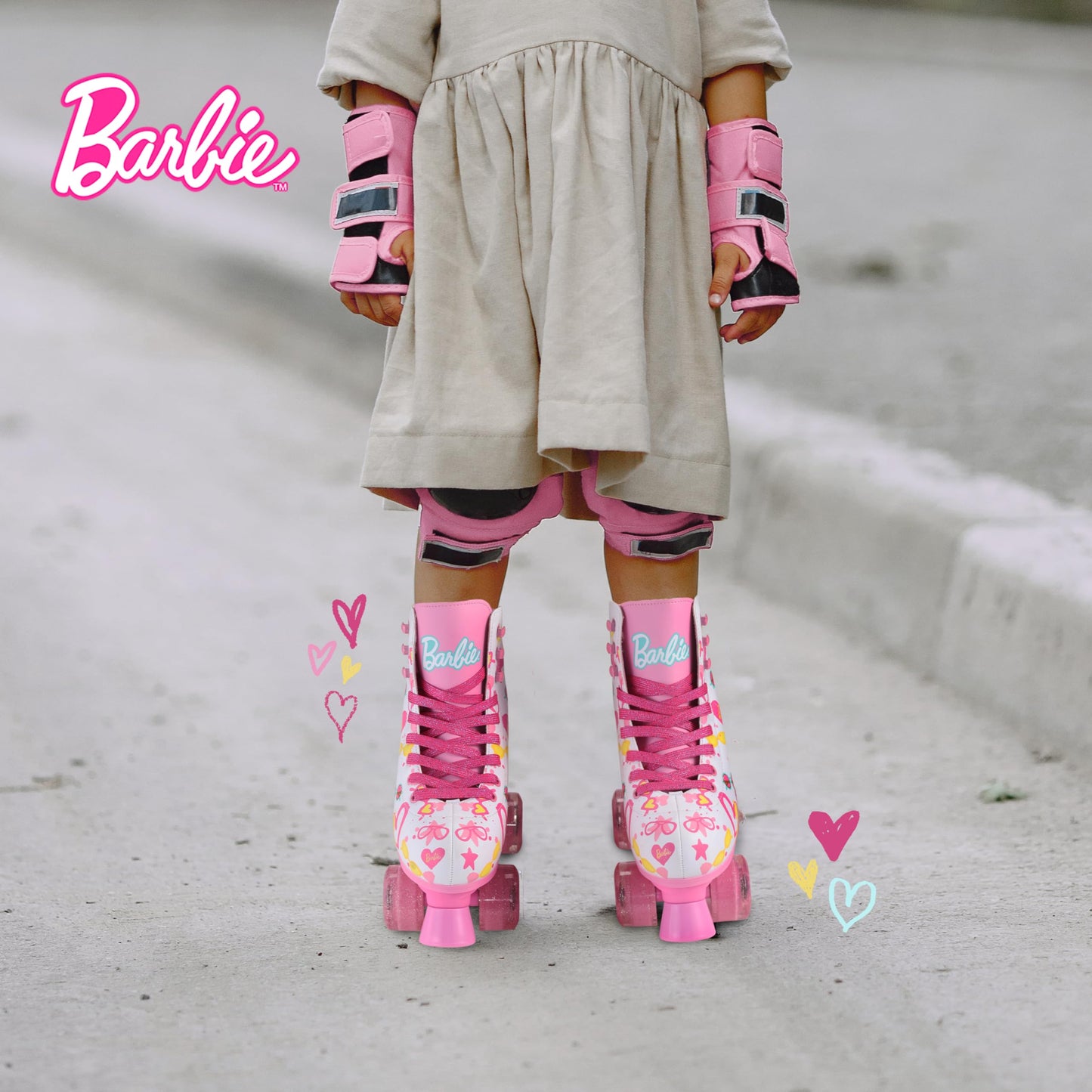 VOYAGER Barbie roller skates for girls with glitter wheels, adjustable sizes 12-2, durable PVC, foam lining for active fun.