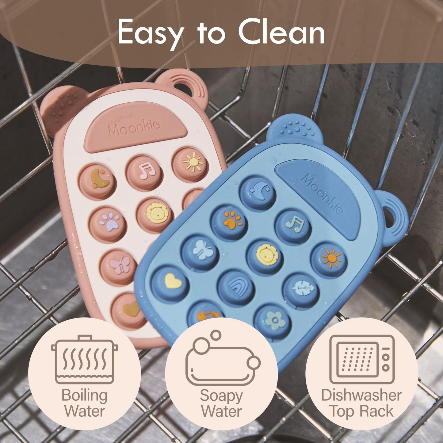 Moonkie Teething Toys for Baby, Silicone Phone Press Teether for 3 Months+, Pop It Fidget Toys, BPA-Free, Gum Pain Relief, Baby Shower Gifts for Boy and Girl, Sensory Toys for Babies(Blush)