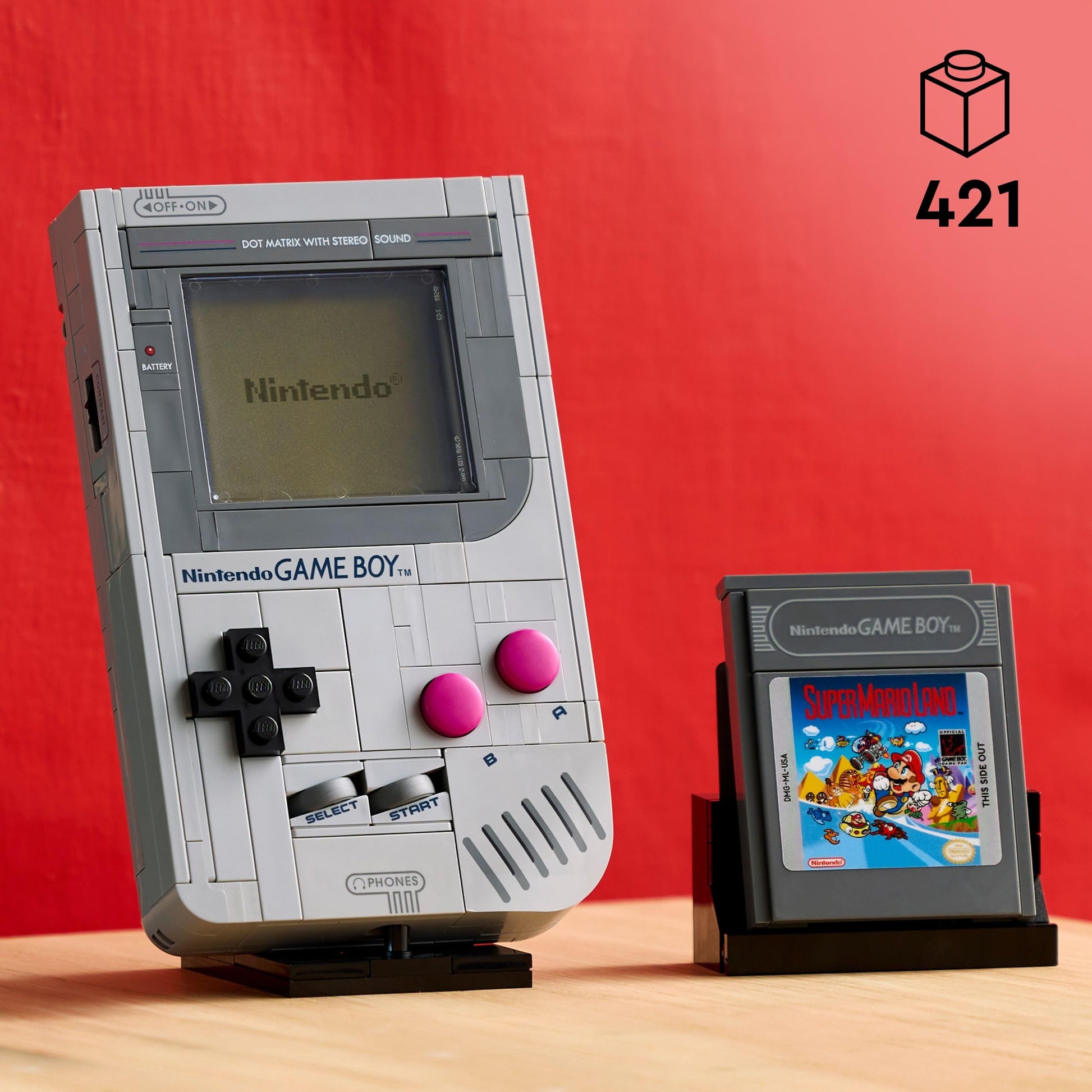 LEGO Super Mario Game Boy building set featuring Zelda cartridges and lenticular screens, ideal for adult gamers.