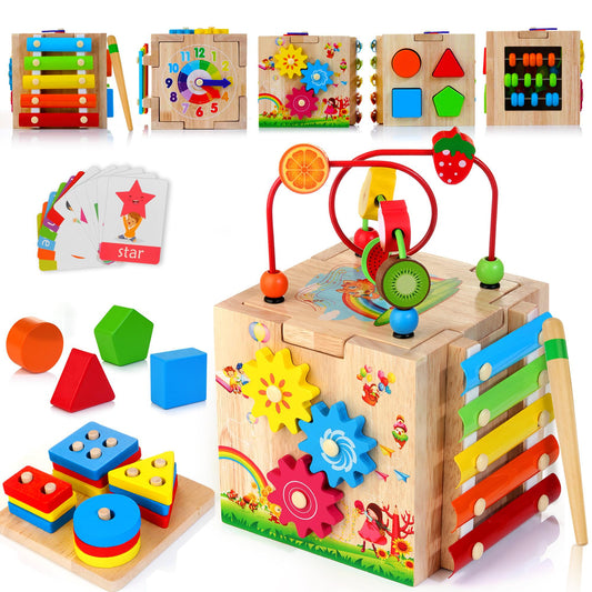 HELLOWOOD wooden activity cube for babies featuring bead maze, shape sorter, abacus, xylophone, clock, and learning toys for toddlers