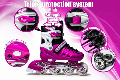 Scale Sports - Adjustuble Roller Skates with light up wheels for children and adults - Kids Inline Roller Skates (pink, UK 5-7 (EU 38-41) L)