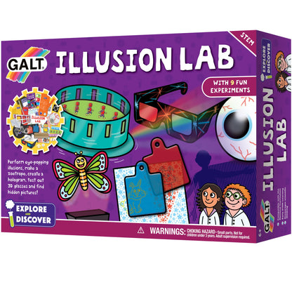 Galt Illusion Lab science kit for kids with colorful experiment materials and eye-popping illusion tools for ages 6 and up.