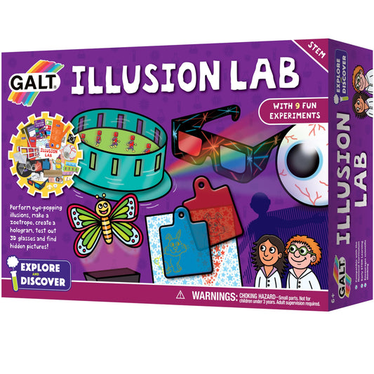 Galt Illusion Lab science kit for kids with colorful experiment materials and eye-popping illusion tools for ages 6 and up.