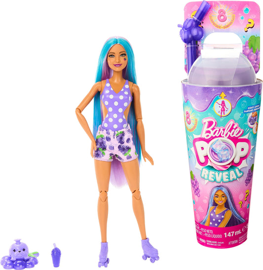 Barbie Pop Reveal Fruit Series Doll in Grape Fizz theme with pet, accessories, slime, and color change features.