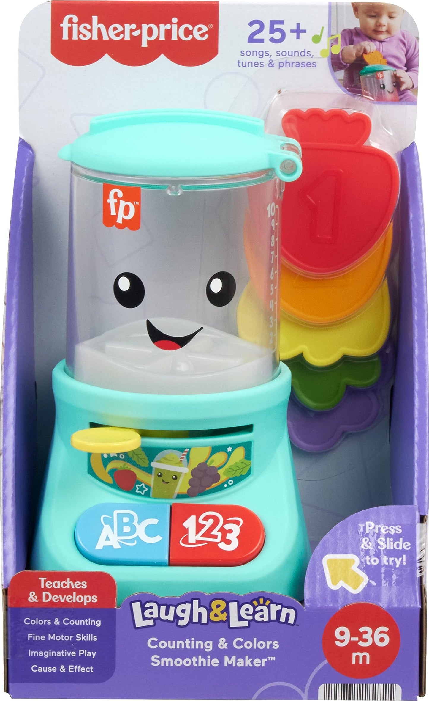 Fisher-Price Laugh & Learn baby toy smoothie maker with colorful buttons, lights, and music for ages 9 months and up.