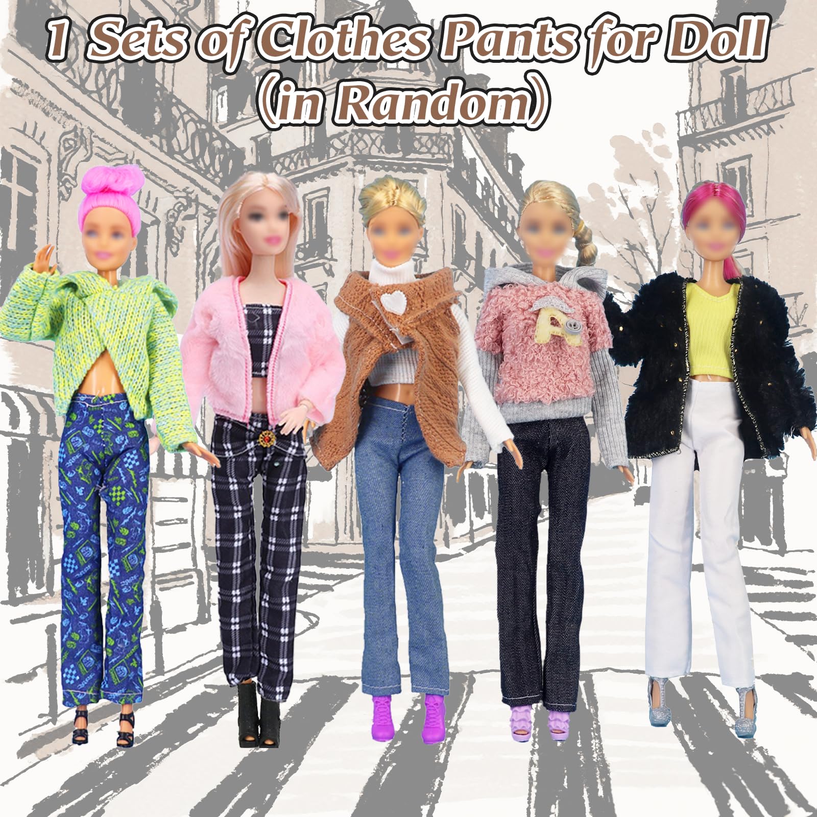 Carreuty 14-piece doll clothes set for Barbie 11.5-inch dolls, includes coats, skirts, jackets, trousers, jumpsuit, shoes, and dress.