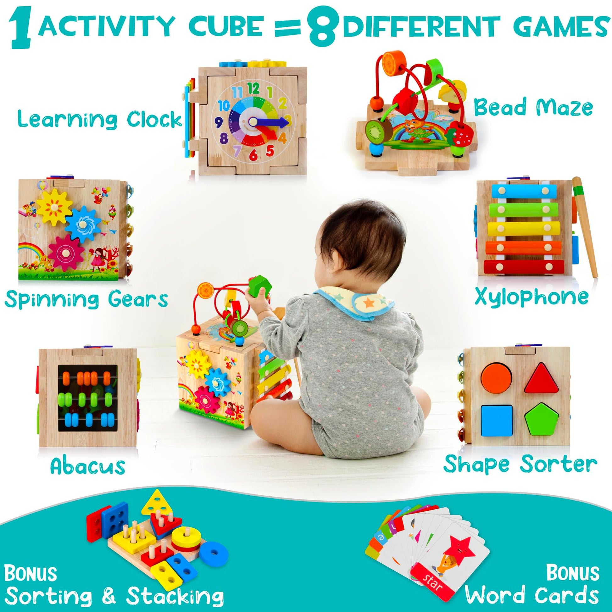 HELLOWOOD wooden activity cube for babies with bead maze, shape sorter, abacus, xylophone, clock, and learning words for toddlers