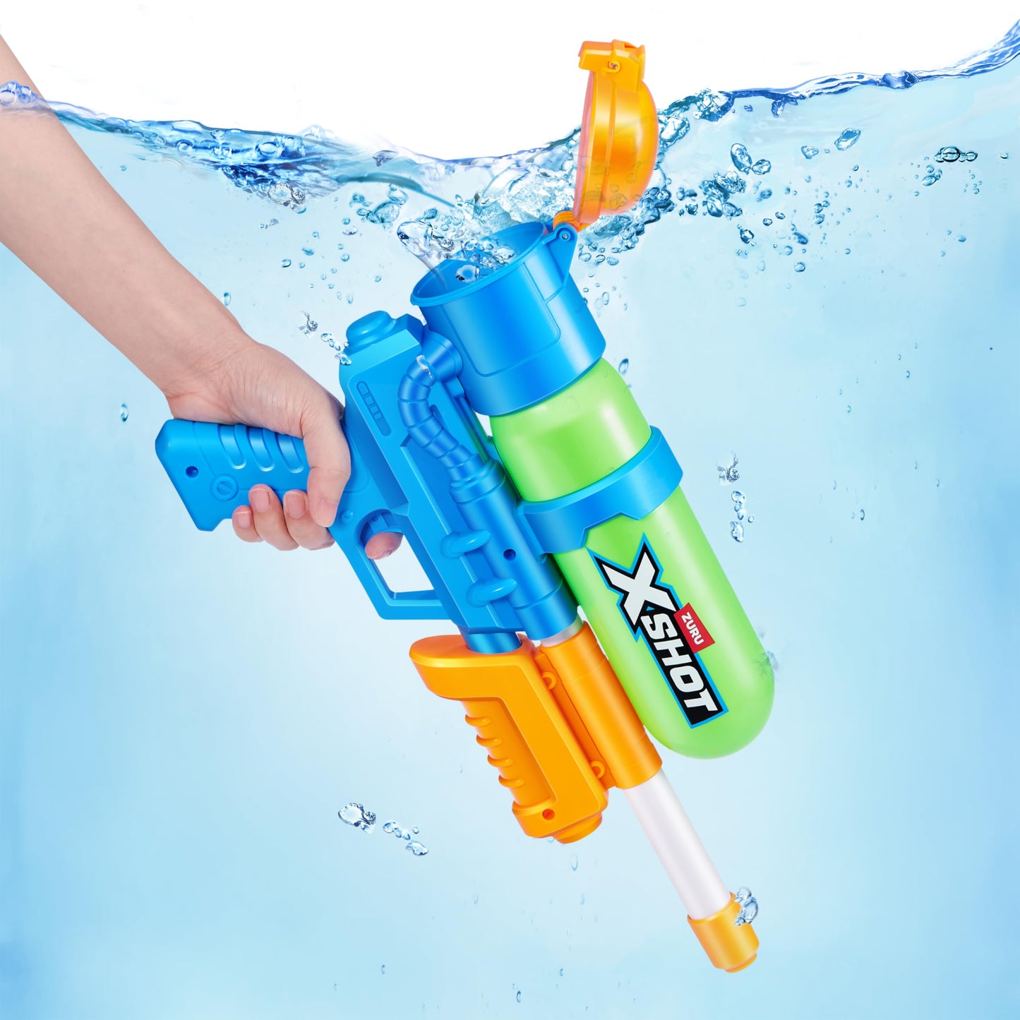 Green XSHOT Water Fast-Fill 80s Super Splash water blaster with 33ft range and 500ml tank, outdoor summer toy for kids.