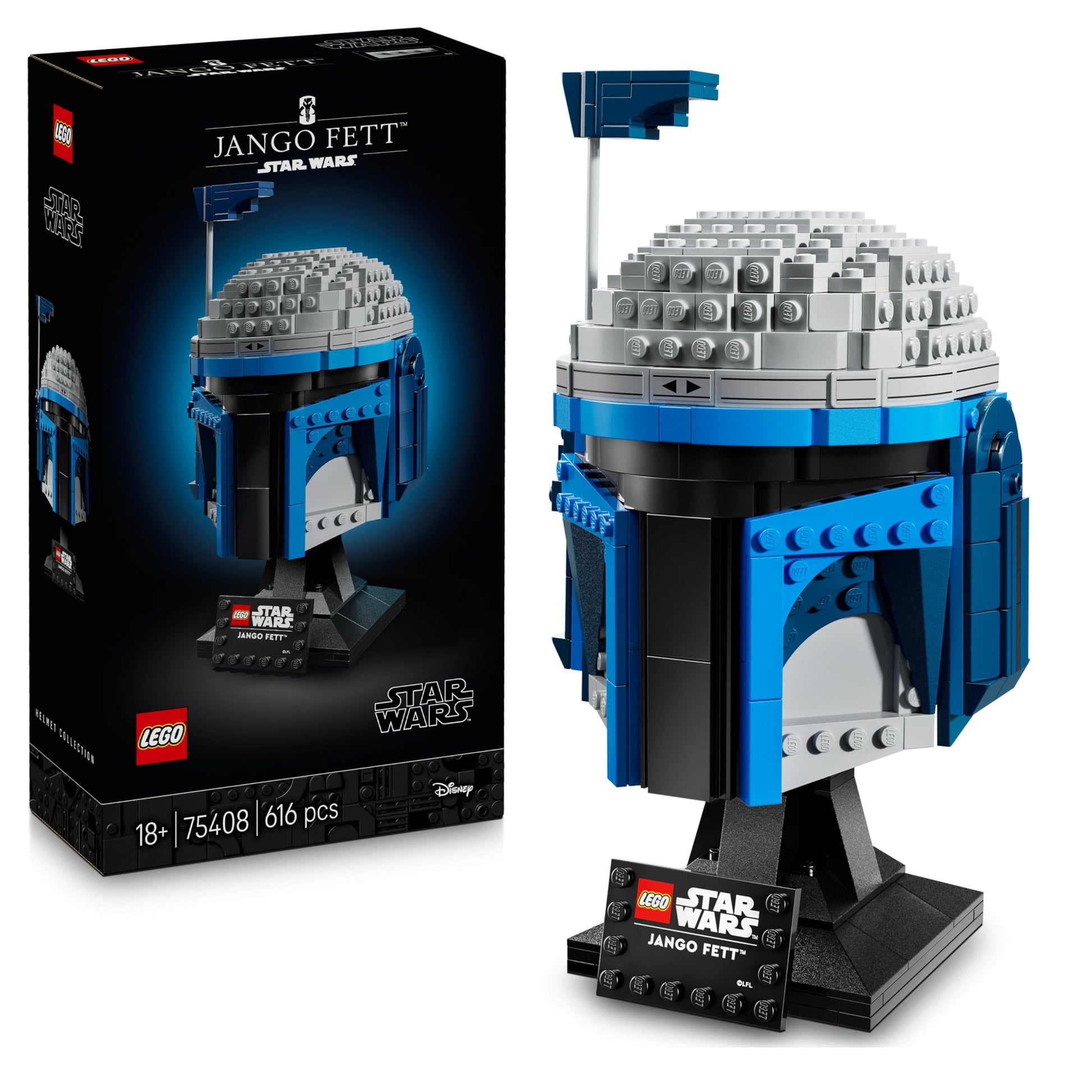 LEGO Star Wars 75408 Jango Fett Helmet model kit with stand, nameplate, and adjustable rangefinder antenna.