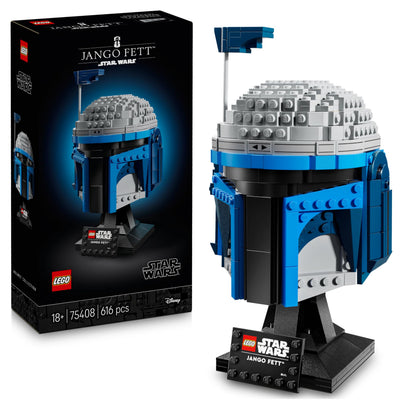 LEGO Star Wars 75408 Jango Fett Helmet model kit with stand, nameplate, and adjustable rangefinder antenna.