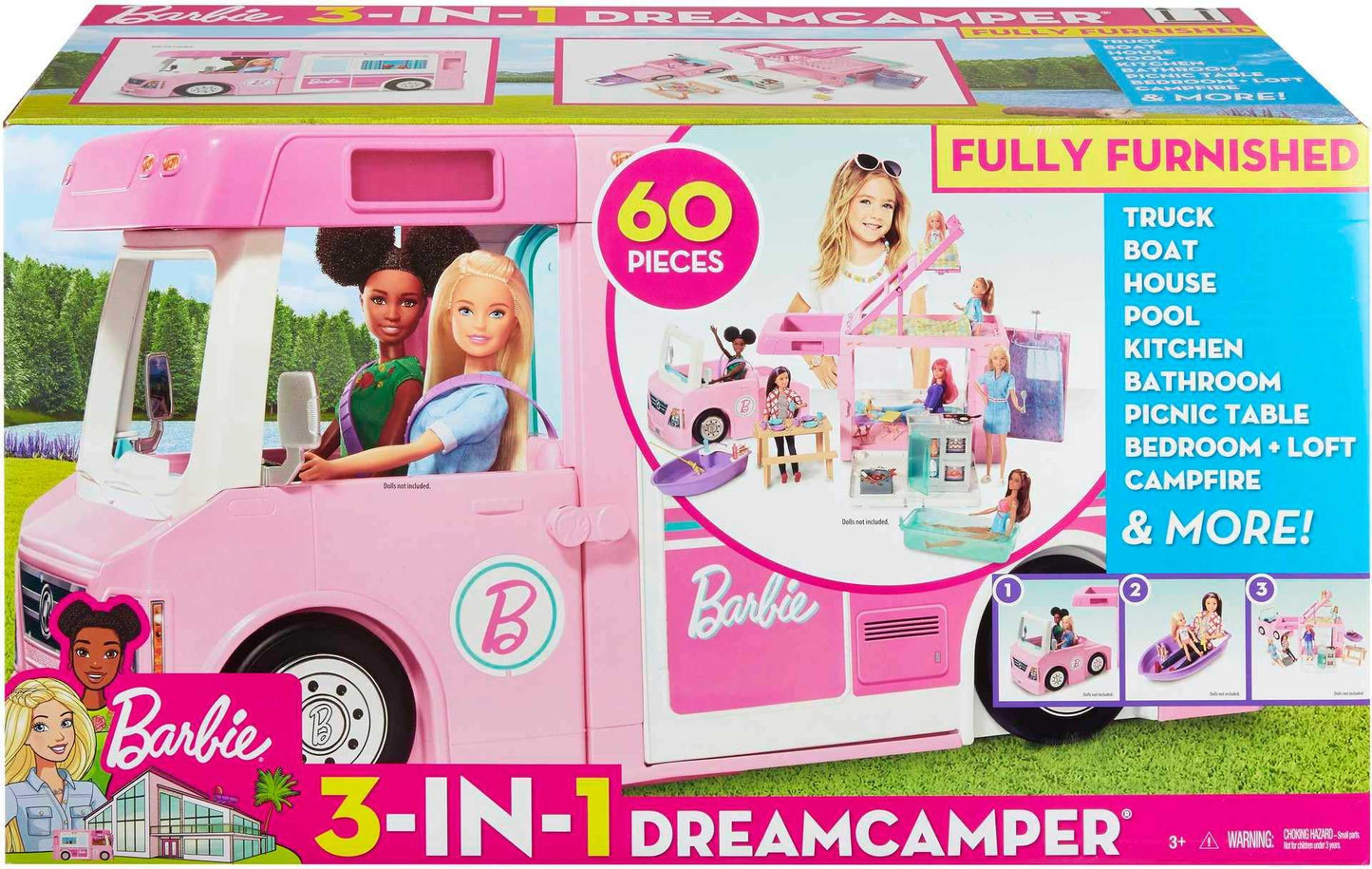 Barbie Dream Camper playset with doll, 50 accessories, transforming into truck, boat, and house, includes pool and outdoor features.