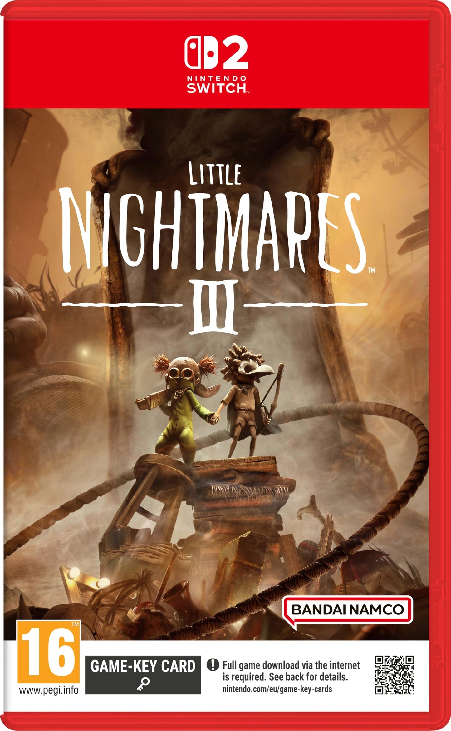 Nintendo Switch game key card for Little Nightmares III by Bandai Namco, featuring dark, atmospheric artwork.