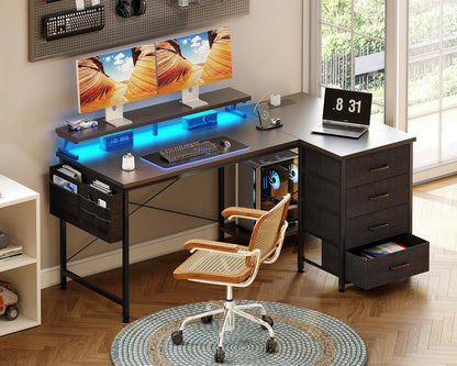 ODK L Shaped Gaming Desk with LED Lights & Power Outlets, 140x80cm Corner Computer Desk with Drawers, Reversible Gaming Table with Monitor Shelf & PC Stand, Black