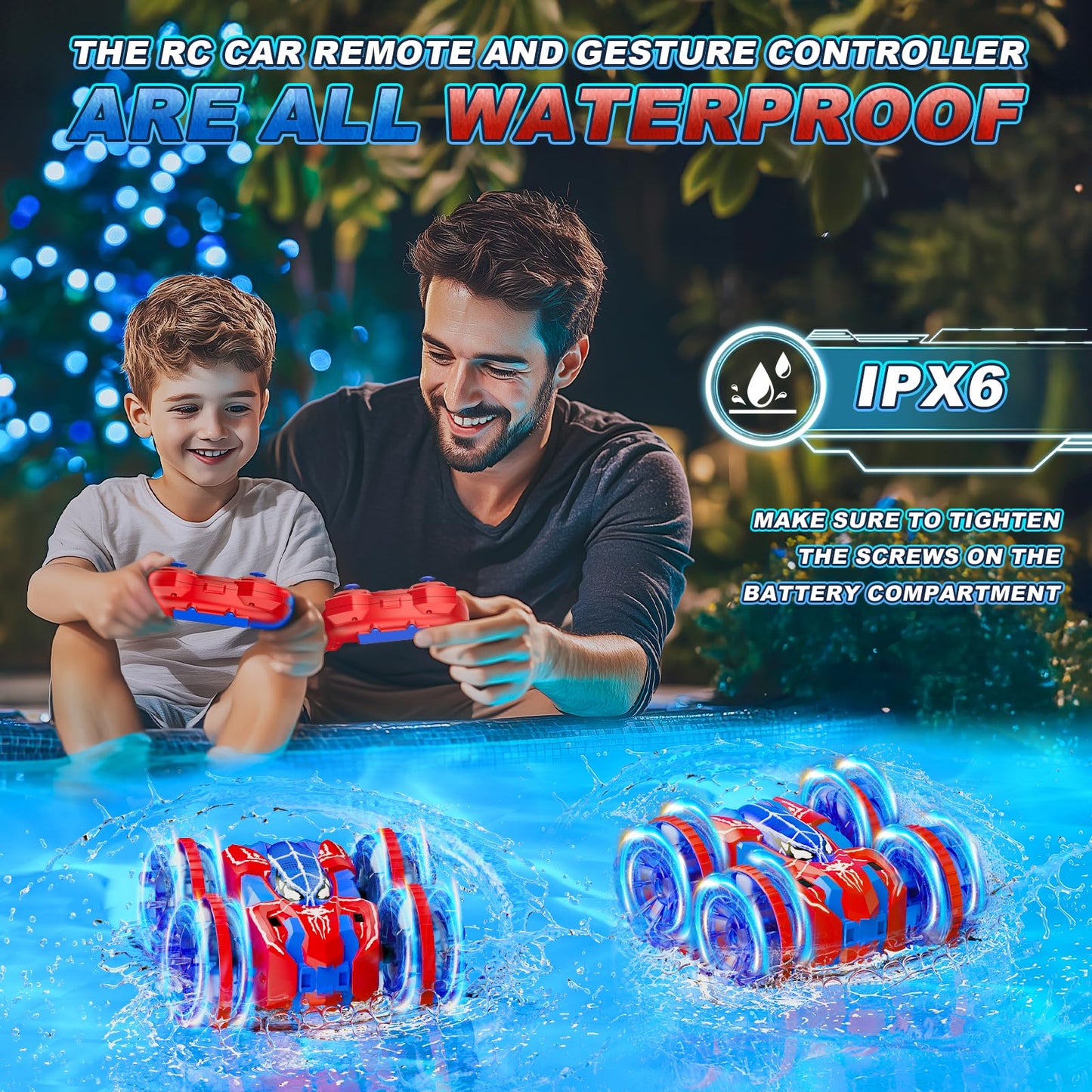 fygurso 4WD Waterproof Remote Control Car，Amphibious 2.4 GHz RC Cars Remote Control Boat，360°Rotation RC Stunt Car with LED Lights，Boys Girls Gifts All Terrain Water Beach Pool Toy