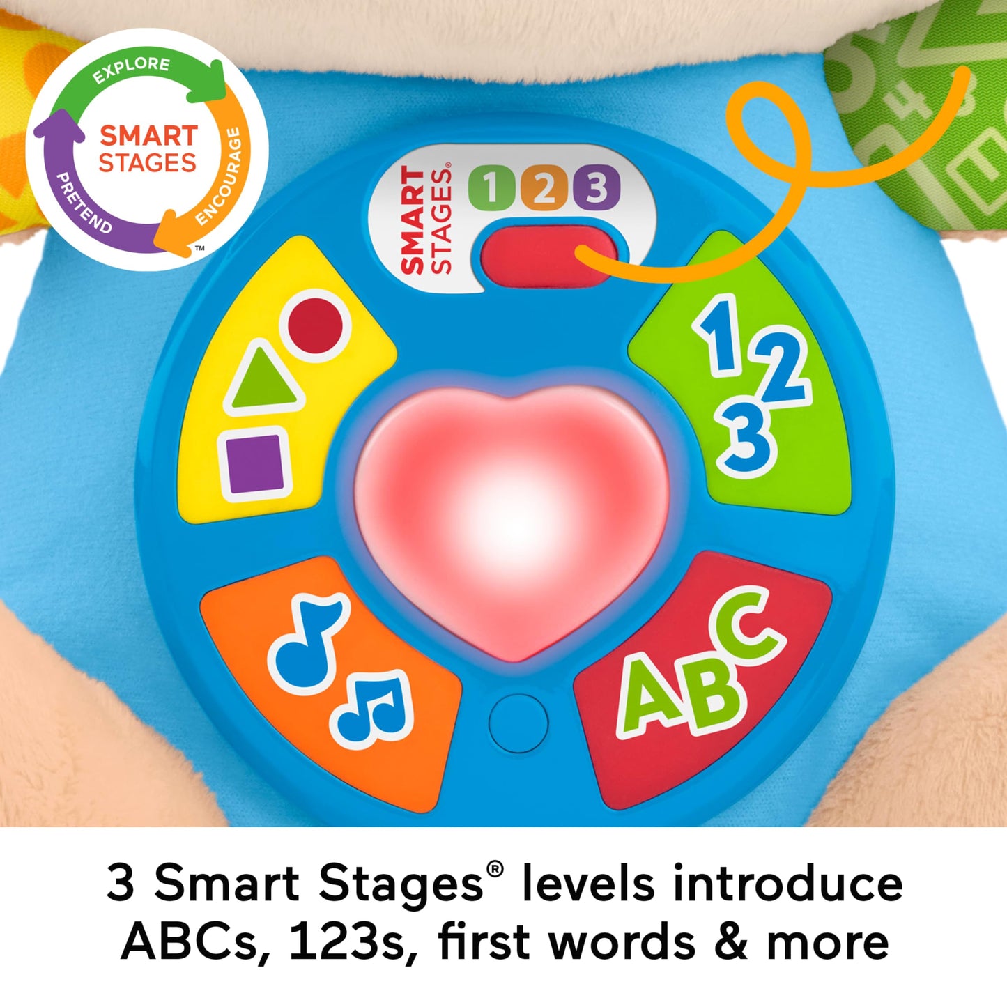 Fisher-Price Laugh & Learn Smart Stages Puppy plush toy for infants, featuring colorful design and musical features for early learning.