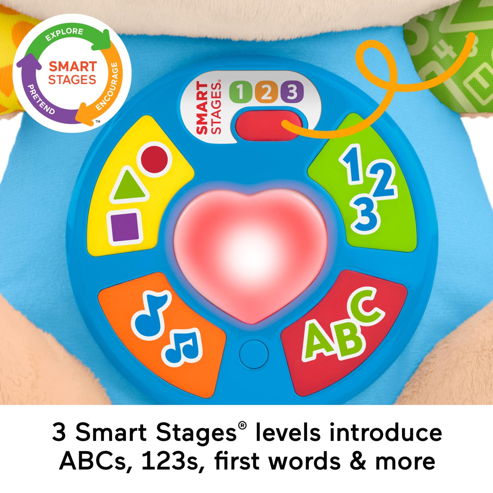 Fisher-Price Laugh & Learn Smart Stages Puppy plush toy for infants, featuring colorful design and musical features for early learning.