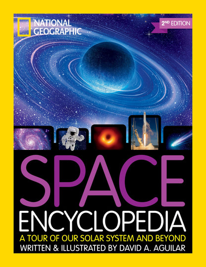 National Geographic Kids Space Encyclopedia 2nd Edition featuring colorful illustrations of planets and space exploration scenes.