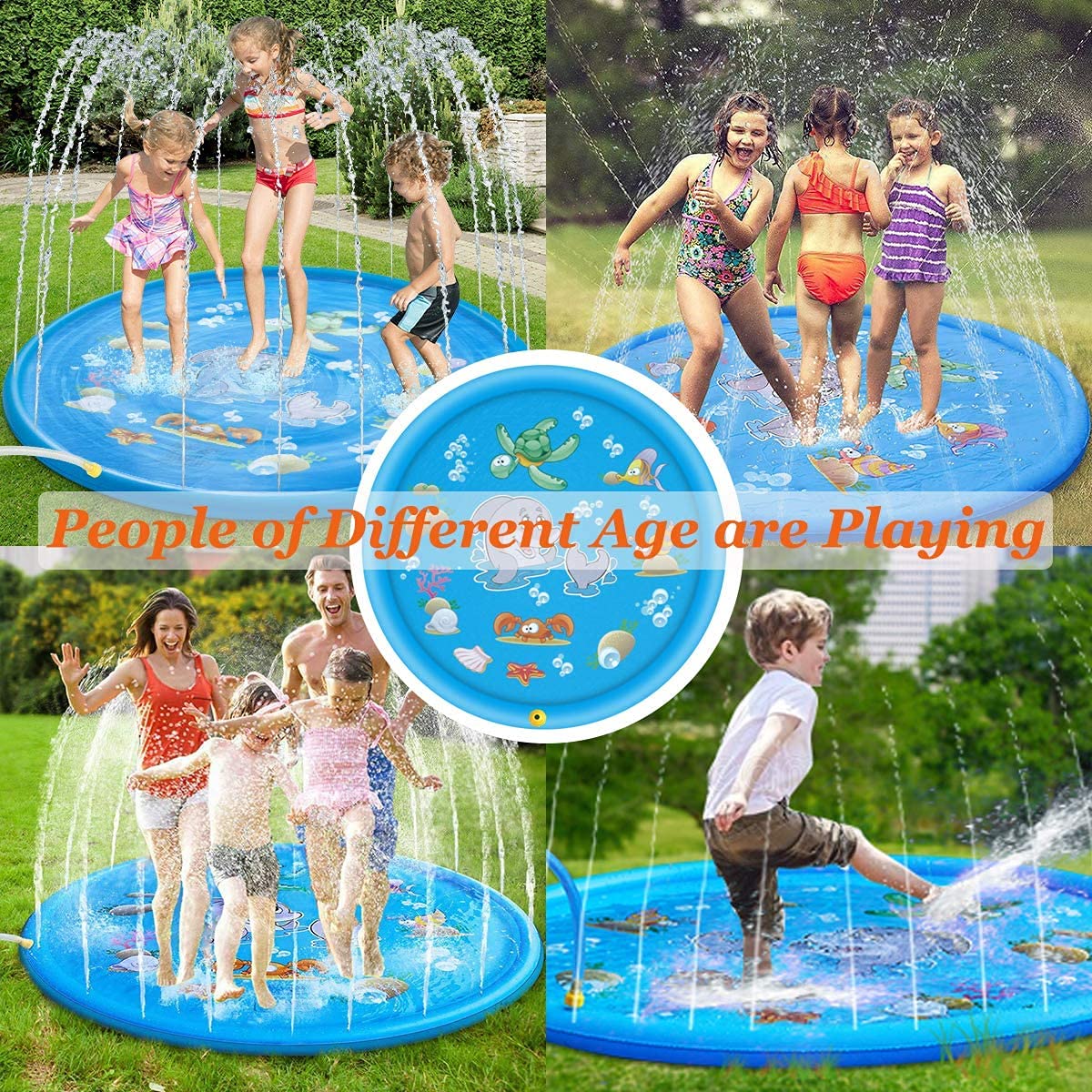 KAHEIGN 170CM Splash Water Play Mat Dolphin Tortoise Starfish Shell Crab Pattern Sprinkler Pad Summer Garden Outdoor Spray Water Toys for Kids Pets Family Activities